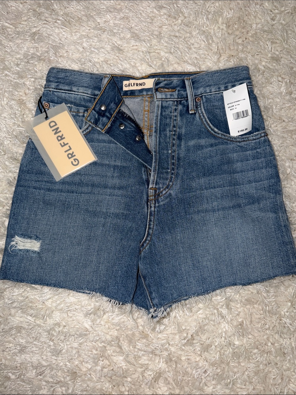GRLFRND High-Rise Distressed Blue Denim Shorts